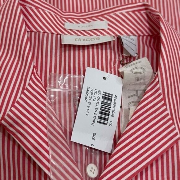 NEW Chico's Red and White Stripe Rolltab Sleeve Collared Buttonup Picnic S/4 - Picture 4 of 6
